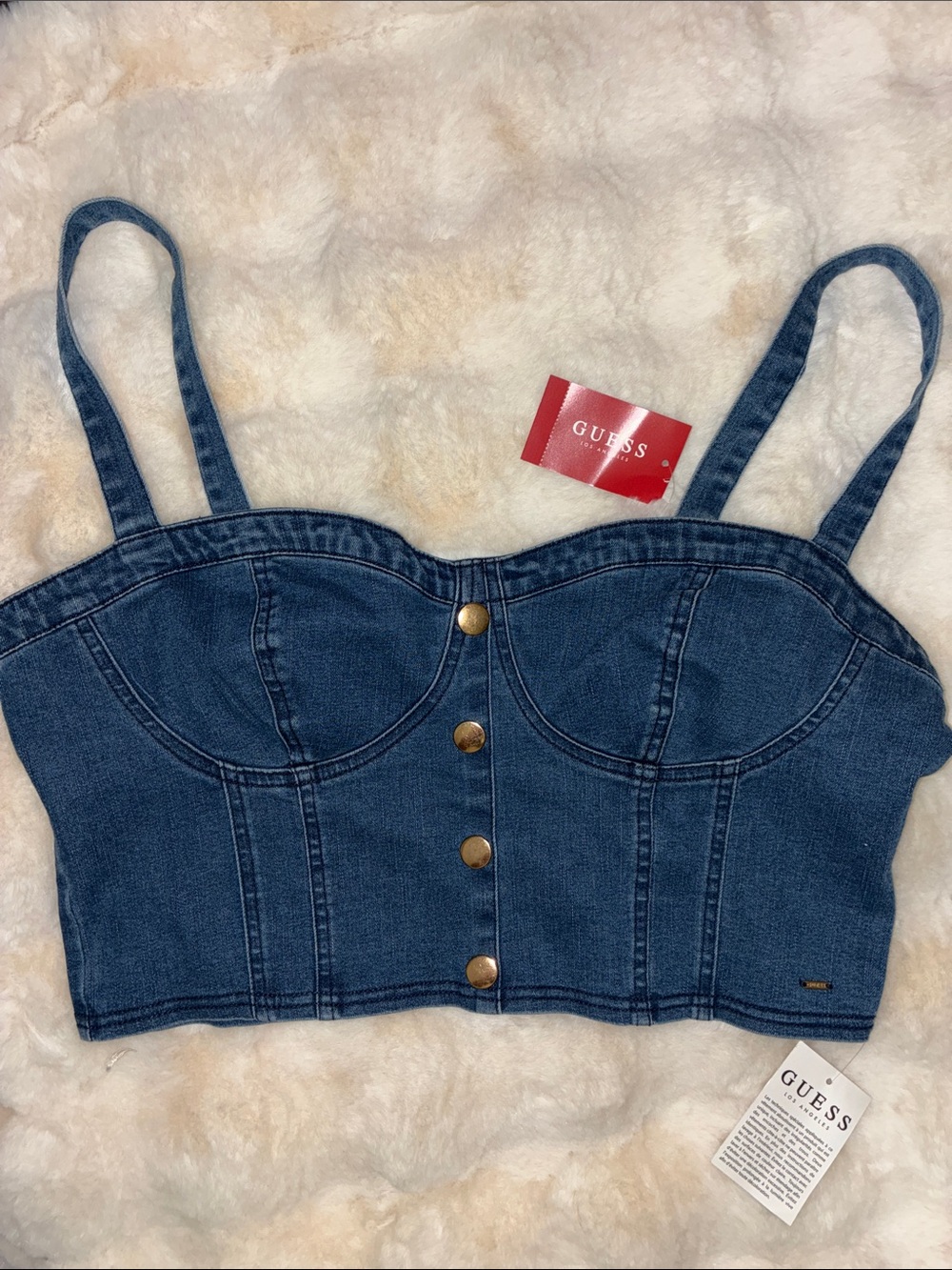 GUESS XL Dark Blue Denim Bustier Crop Top with Gold Buttons NWT